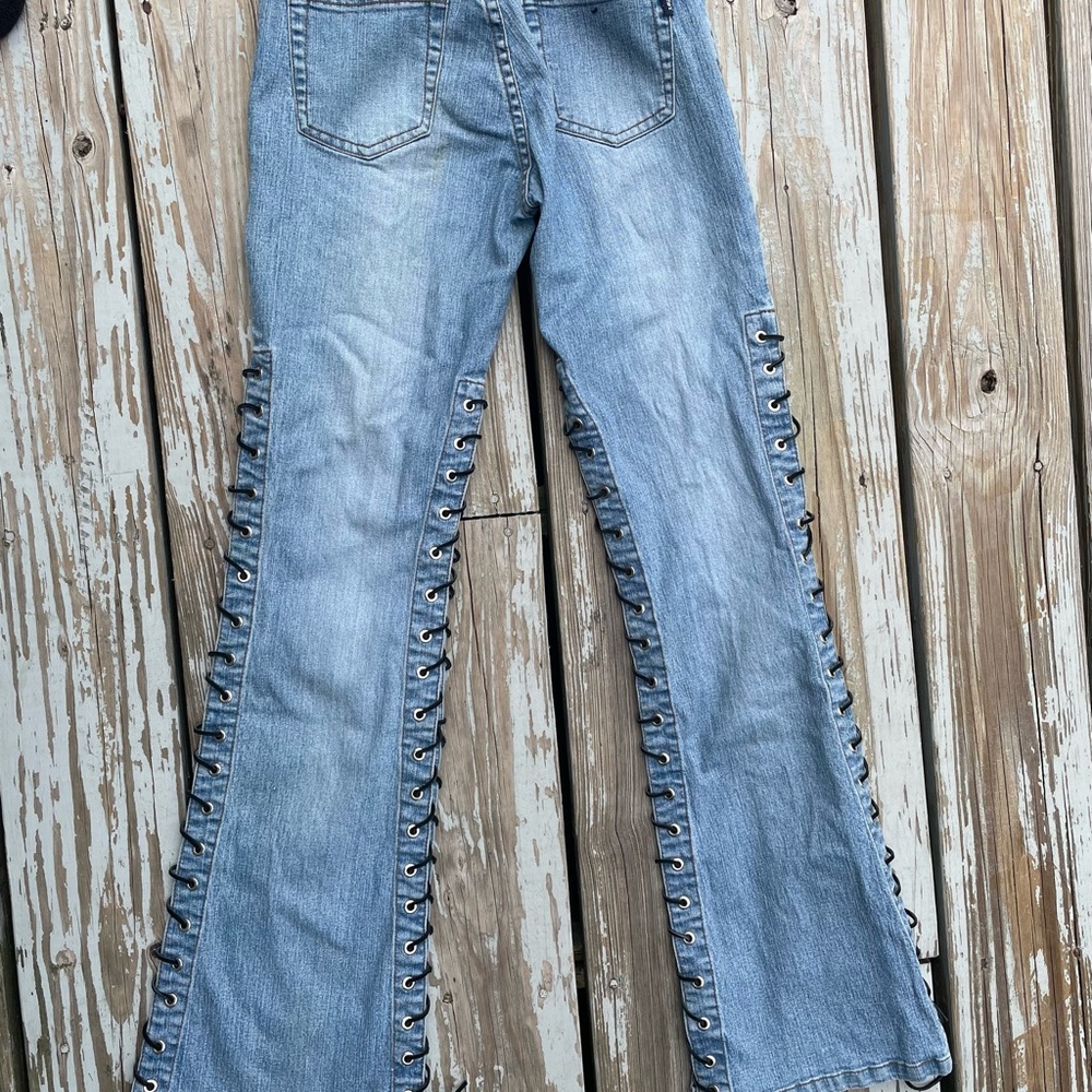 Drop Dead Sexy Lace-Up Flare Jeans in Light Blue - Picture 3 of 7